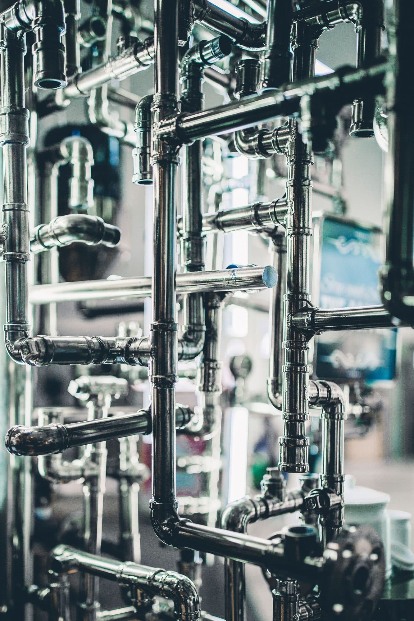 Dense metal pipework in a plant room